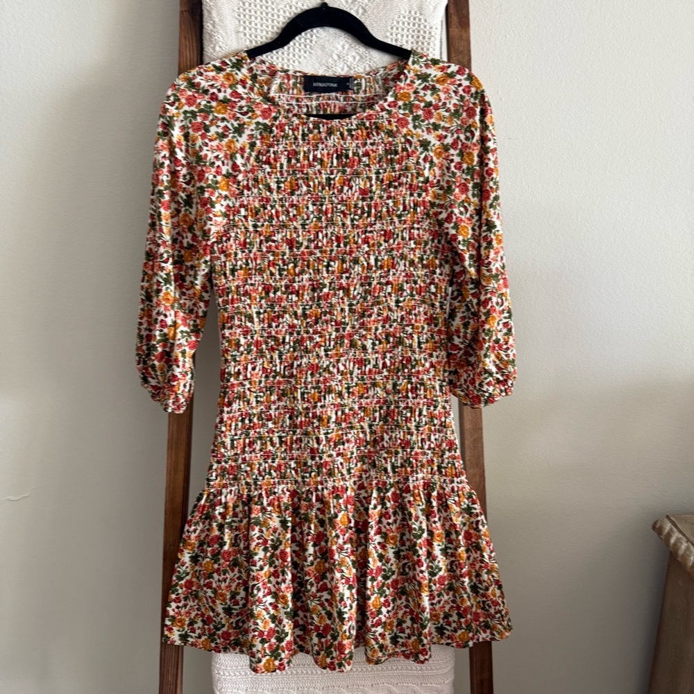 NWOT MINKPINK Greta Red, Orange, Green & Cream Floral Print Smocked Mini Dress